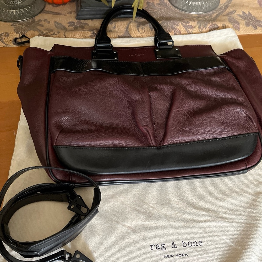 rag & bone large leather pilot handbag burgundy with black trim EUC!!